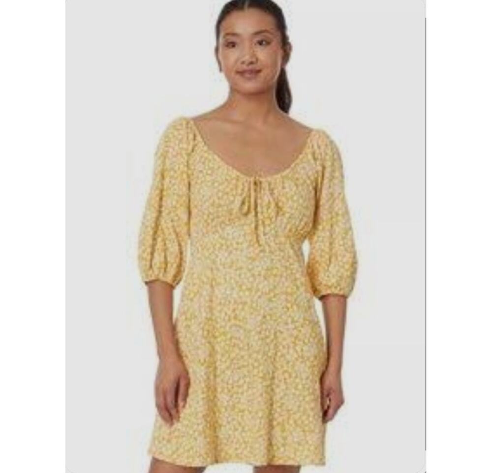 Womens Billabong Daisy Wave Dress Size Large Gold White Babydoll Beachy Stretch
